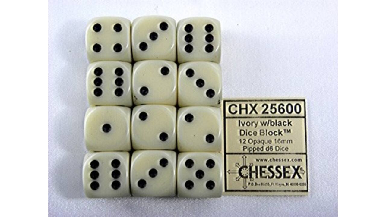 Dobbelsteen Chessex Ivory/black D6 16mm set à 12 stuks