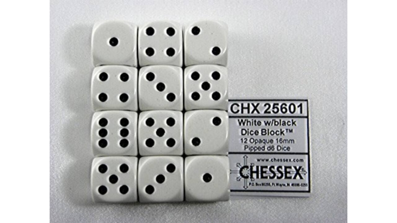 Dobbelsteen Chessex White/black D6 16mm set à 12 stuks
