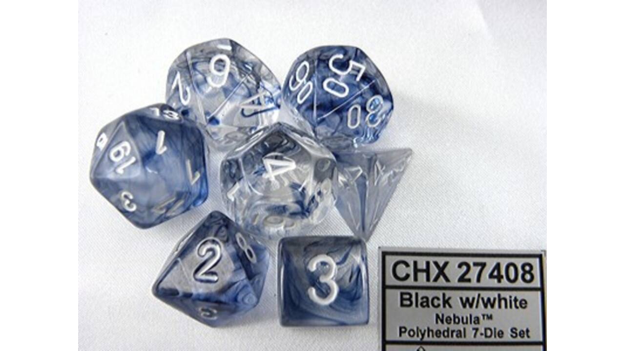 Dobbelsteen Chessex  Polydice Nebula Black/white set à 7 stuks