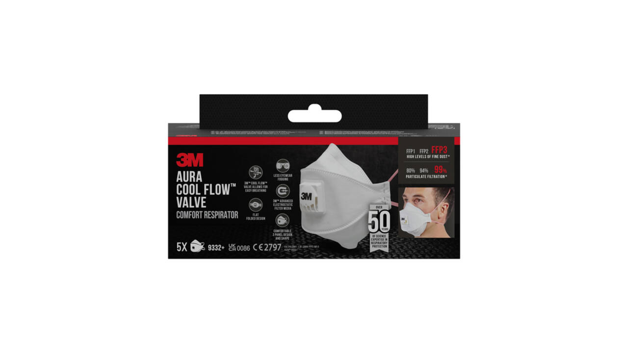 Stofmasker 3M Aura Comfort Cool Flow 9332 FFP3 met ventiel 5 stuks