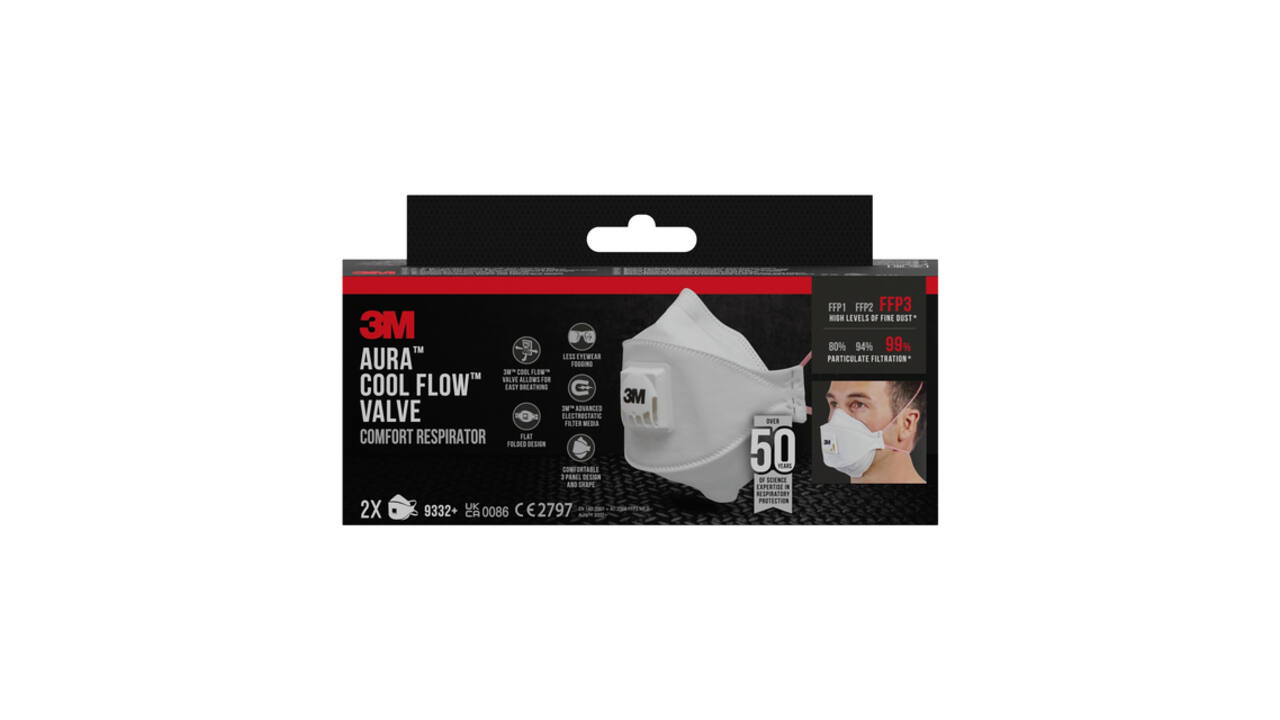 Stofmasker 3M Aura Comfort Cool Flow 9332 FFP3 met ventiel 2 stuks
