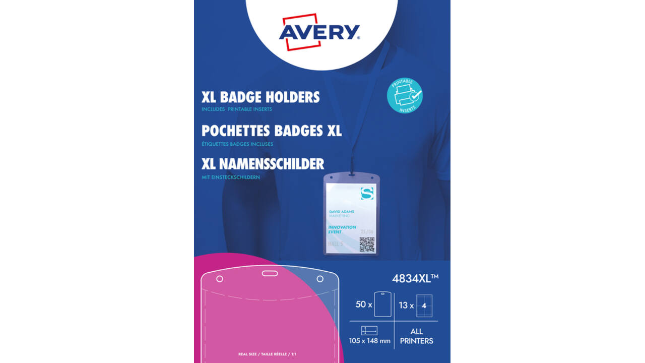 Badge Avery 4834XL A6 hoes + bedrukbare insteekkaarten 50 stuks