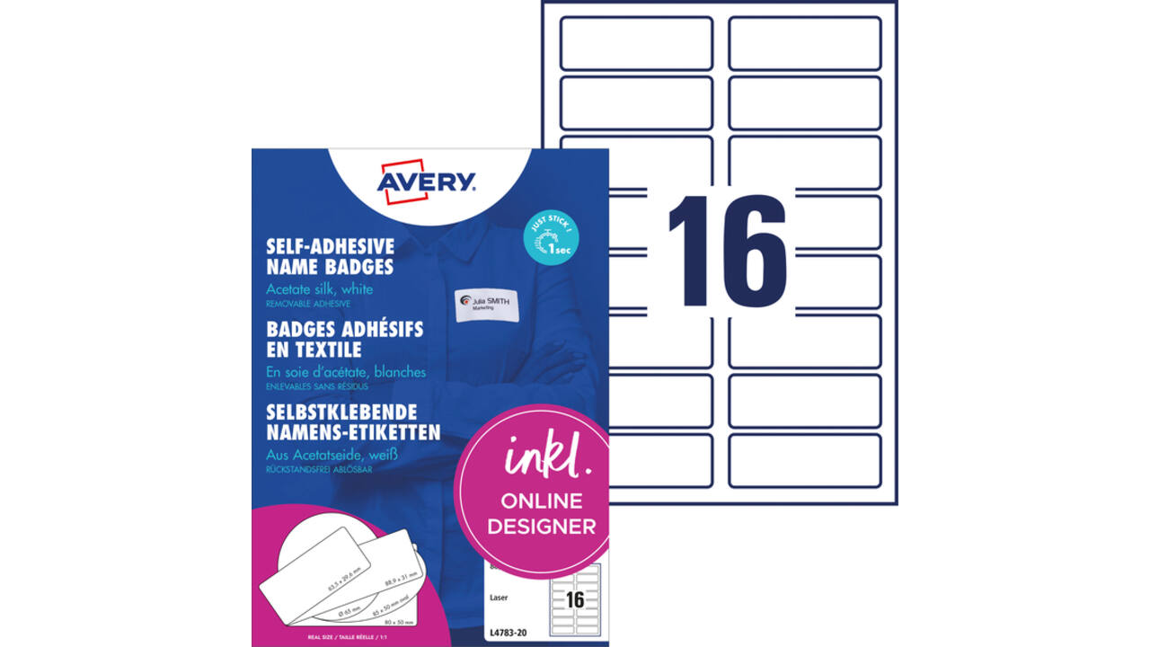 Naambadge etiket Avery L4783-20 88.9x31mm zelfklevend 320 stuks