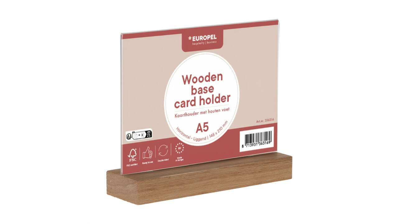 Kaarthouder Europel acryl met houten voet A5 liggend