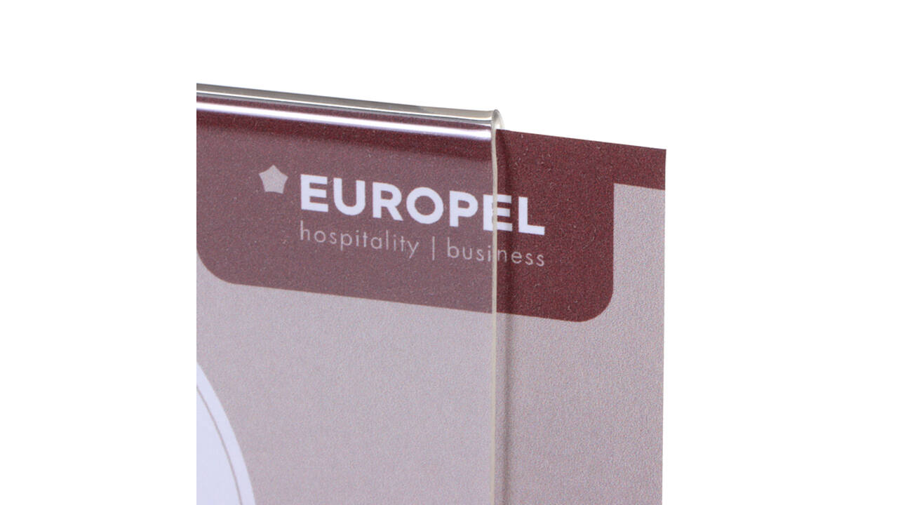 Kaarthouder Europel acryl met houten voet A5 liggend