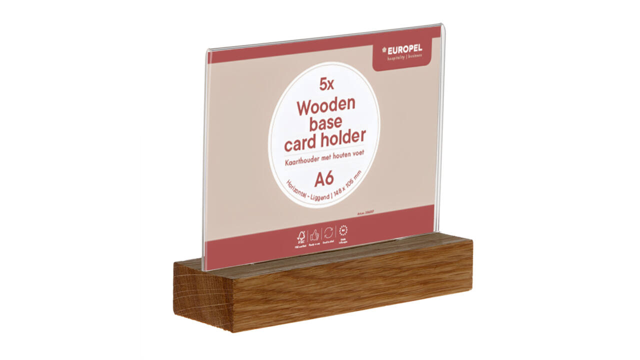 Kaarthouder Europel acryl houten voet A6 liggend 5 stuks