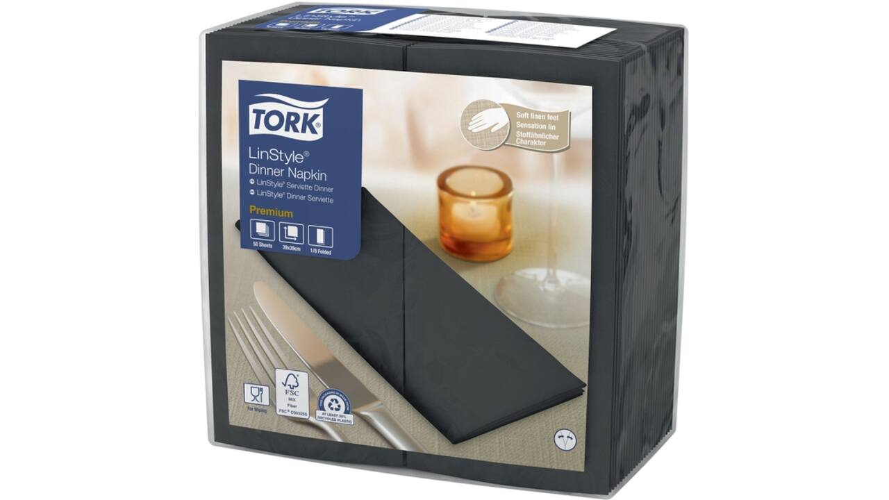 Dinerservet Tork Linstyle Premium 1/8 vouw 1-laags 390x390mm 50 vel zwart 478196