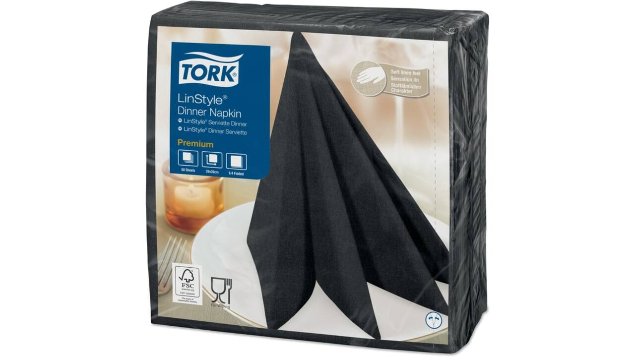Dinerservet Tork Linstyle Premium 1/4 vouw 1-laags 390x390mm 50 vel zwart 478825
