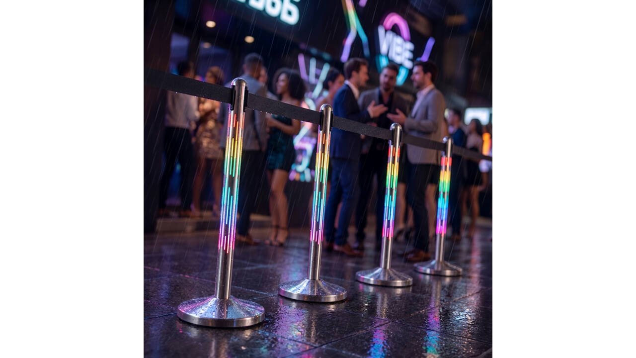 Afzetpaal Securit Nova RVS met rolband en RGB-verlichting 100cm zilver
