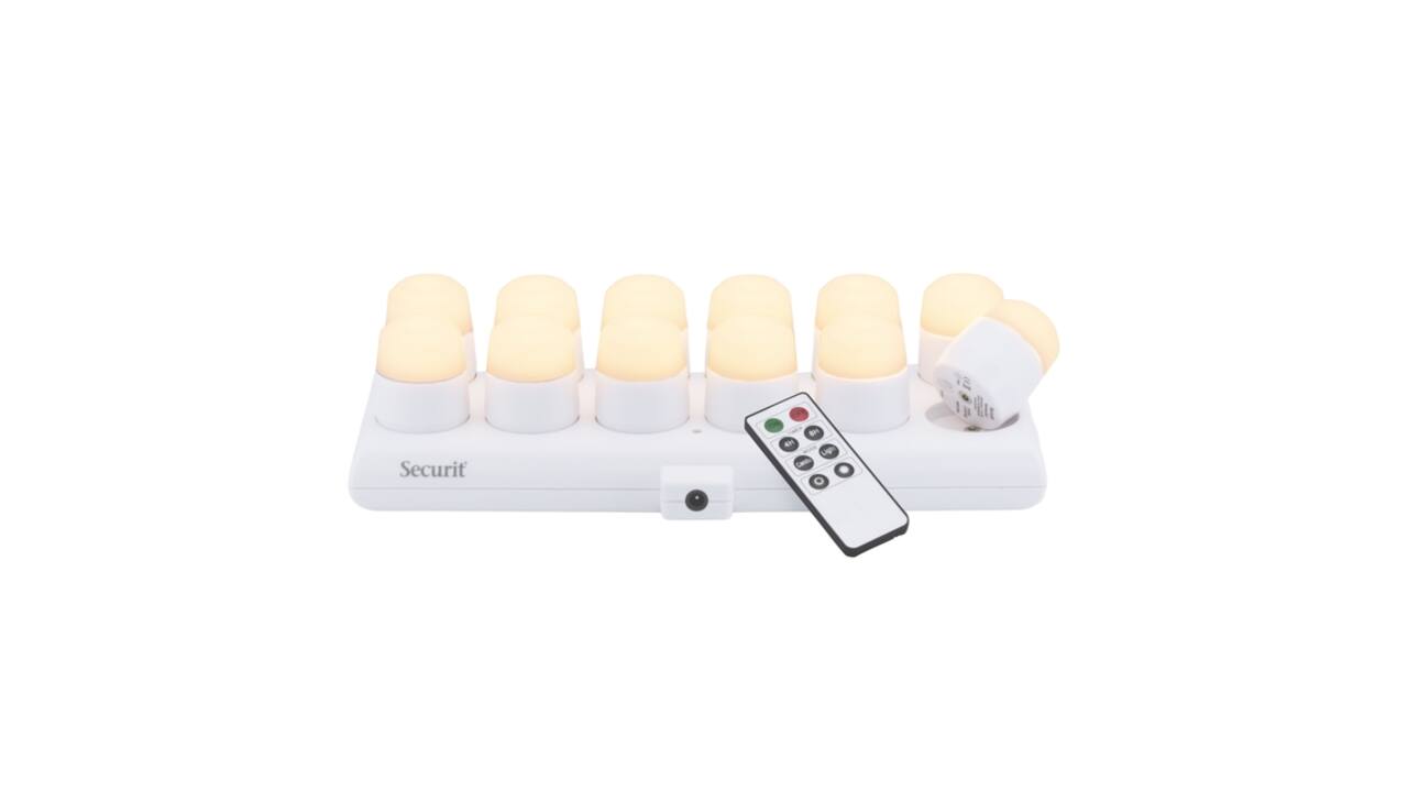 Theelicht Securit Amsterdam LED warmwit met oplaadstation 12 stuks wit