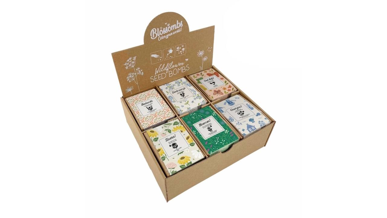 Giftbox Blossombs kruiden-bloemen assorti display à 24 zaadbommetjes