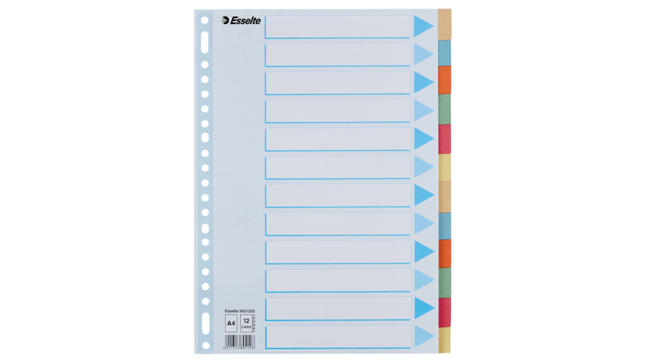 Tabbladen Esselte Premium A4 12-delig karton 23-rings assorti