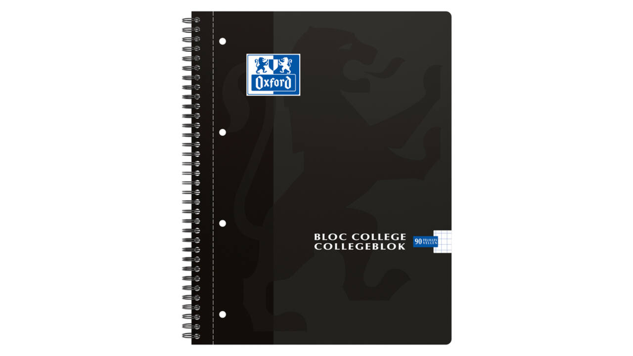 Collegeblok Oxford A4+ ruit 5x5mm 4-gaats 180 pagina's 80gr zwart