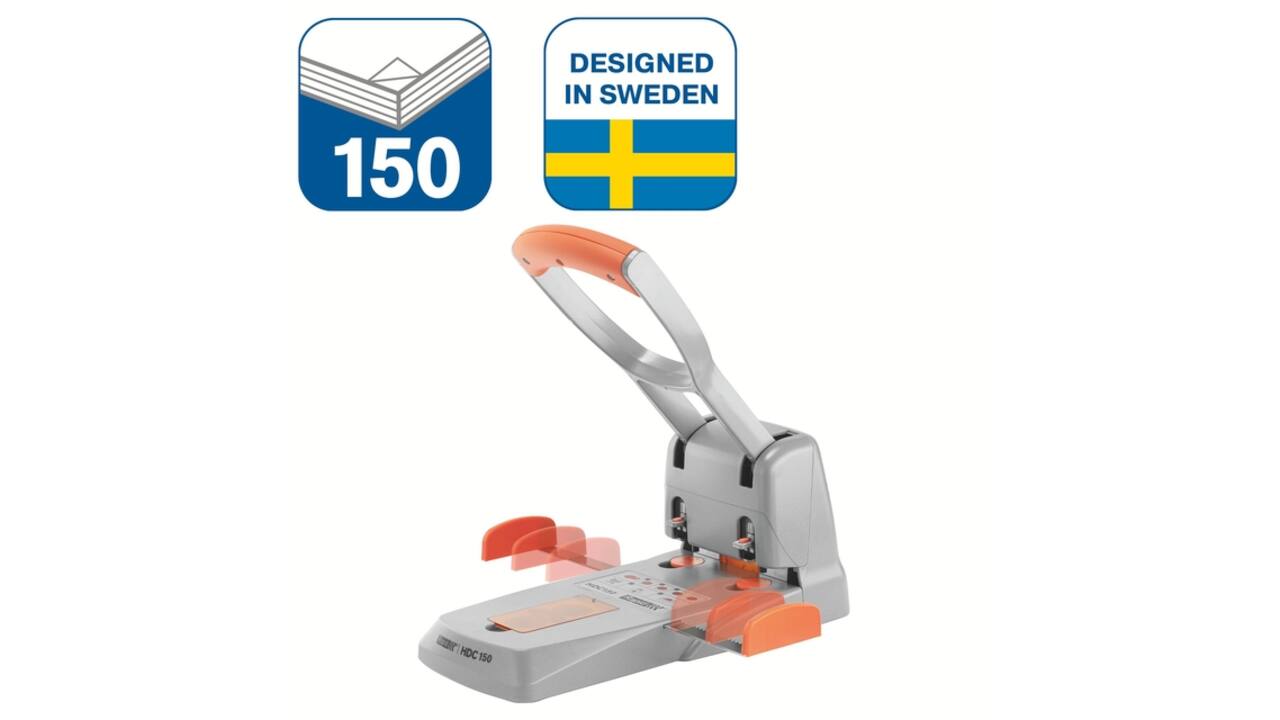 Perforator Rapid Supreme HDC150/2 heavy duty 2-gaats 150 vel zilver/oranje