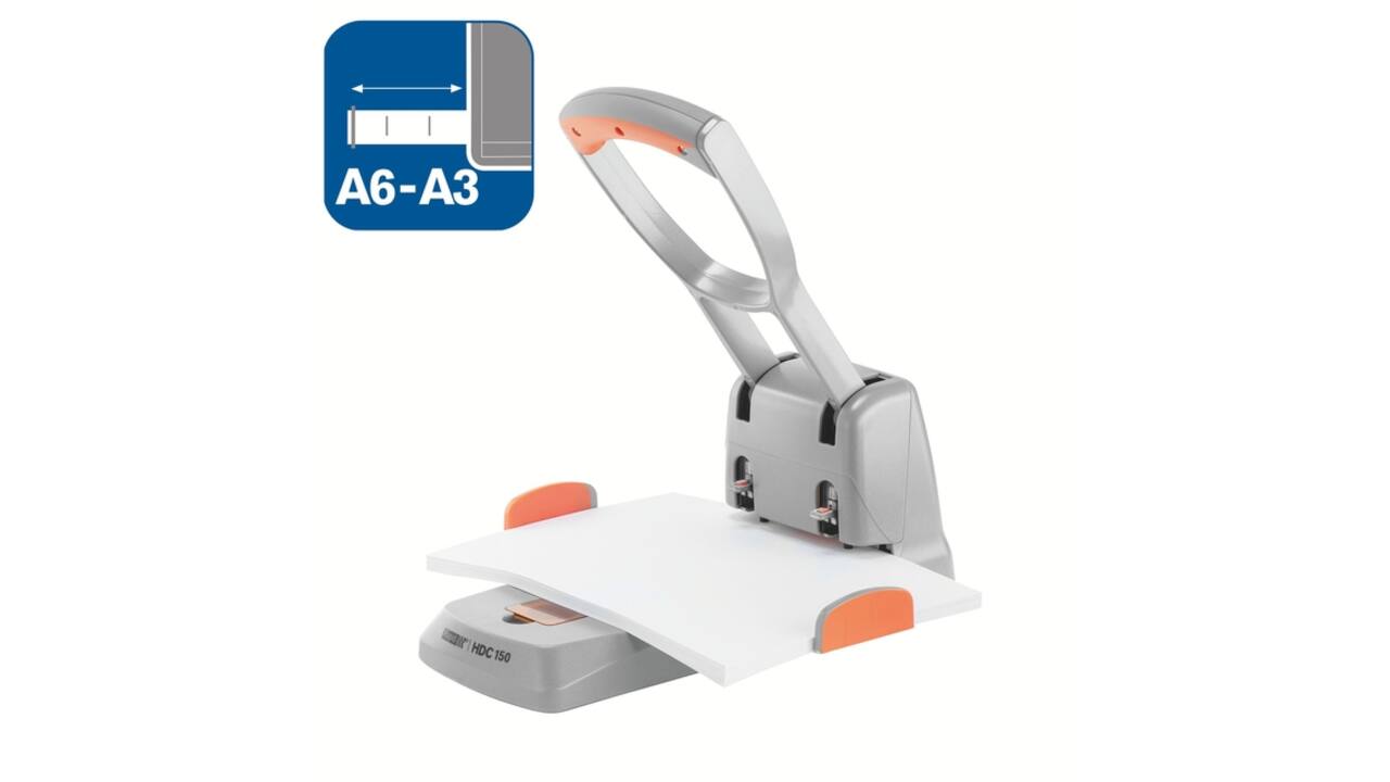 Perforator Rapid Supreme HDC150/2 heavy duty 2-gaats 150 vel zilver/oranje