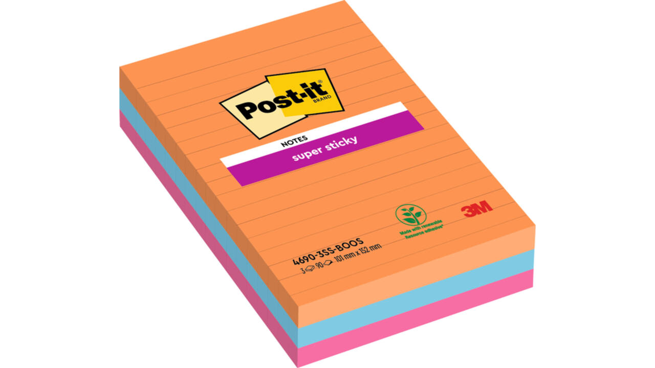 Memoblok Post-it 4690 Super Sticky 101x152mm lijn Bangkok 3 stuks