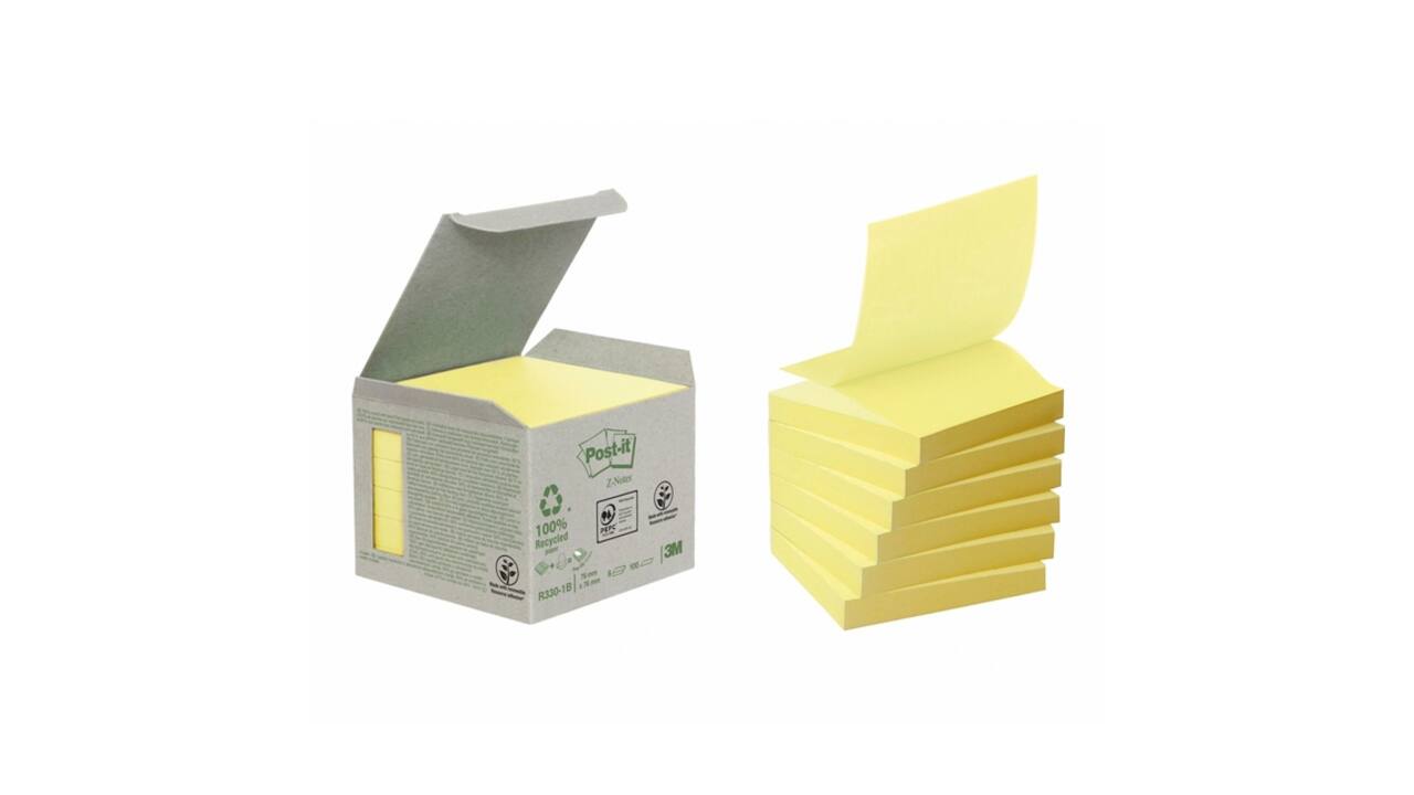 Memoblok Post-it Z-Note R330-1B recycled 76x76mm canary yellow 6 stuks