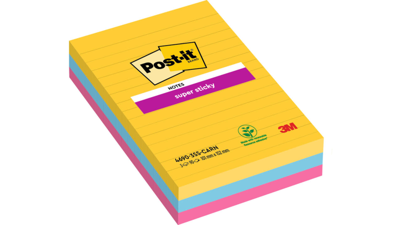 Memoblok Post-it 4690 Super Sticky 101x152mm lijn Carnival 3 stuks