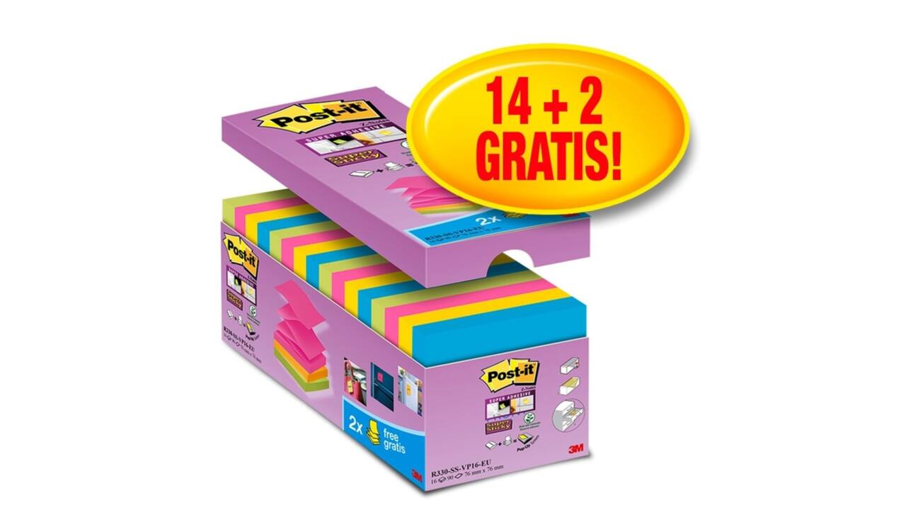 Memoblok Post-it Z-Note S330 Super Sticky 76x76mm 14+ 2 assorti