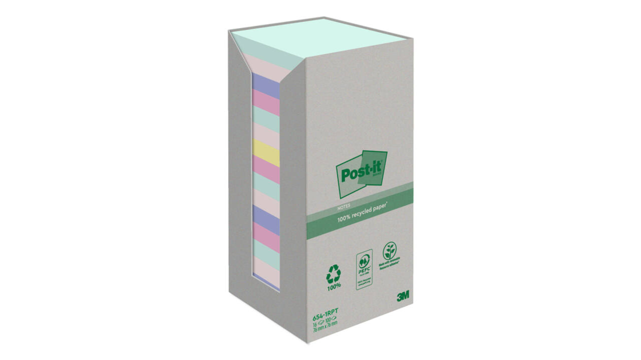 Memoblok Post-it 654-RTP 76x76mm recycled rainbow pastel 16 stuks