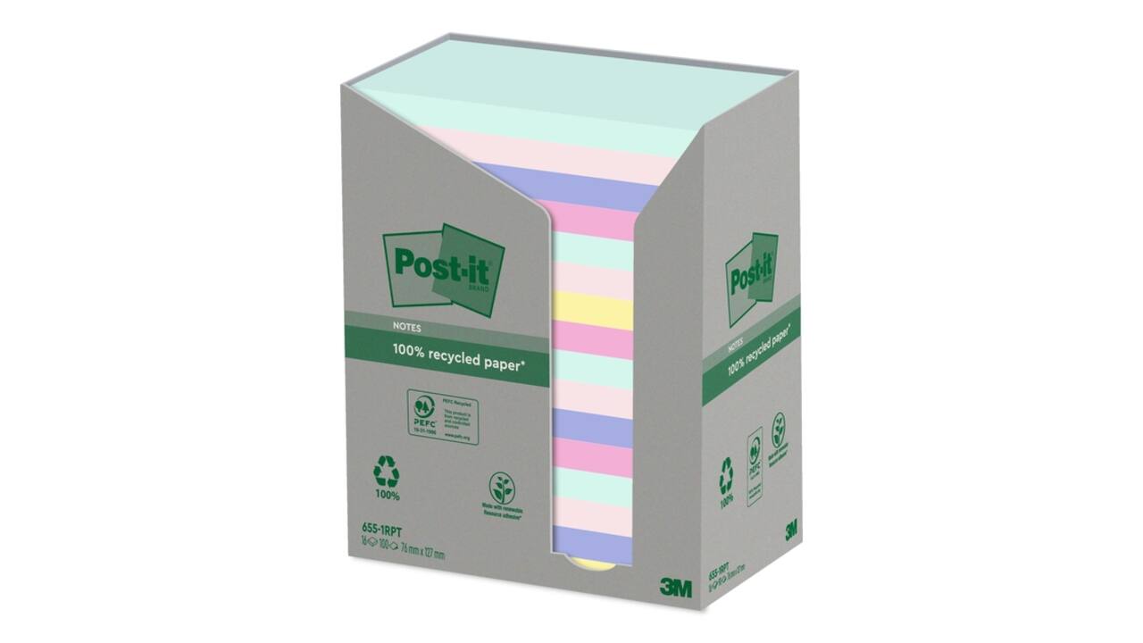 Memoblok Post-it 655-RPT 76x127mm recycled rainbow pastel 16 stuks