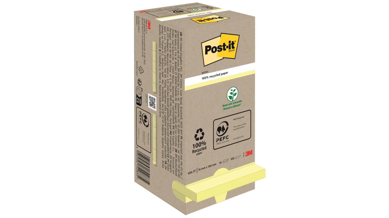 Memoblok Post-it 654 76x76mm recycled pastel geel 16 stuks