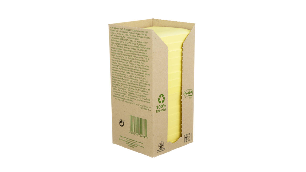 Memoblok Post-it 654 76x76mm recycled pastel geel 16 stuks
