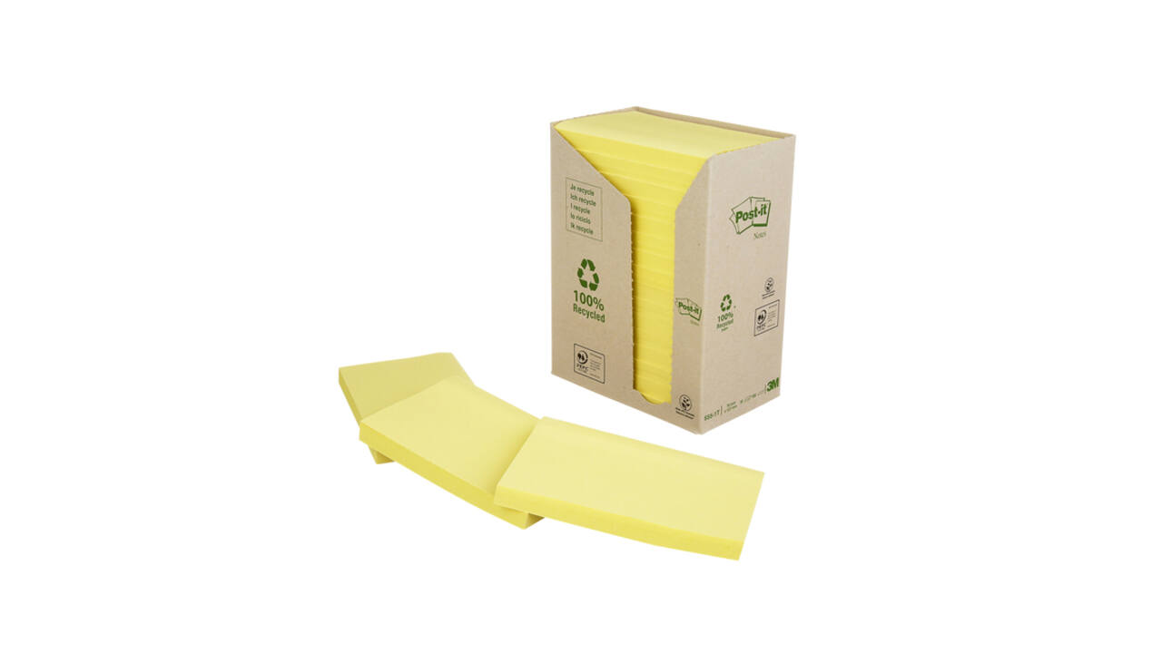 Memoblok Post-it 655 76x127mm recycled geel 16x100 vel