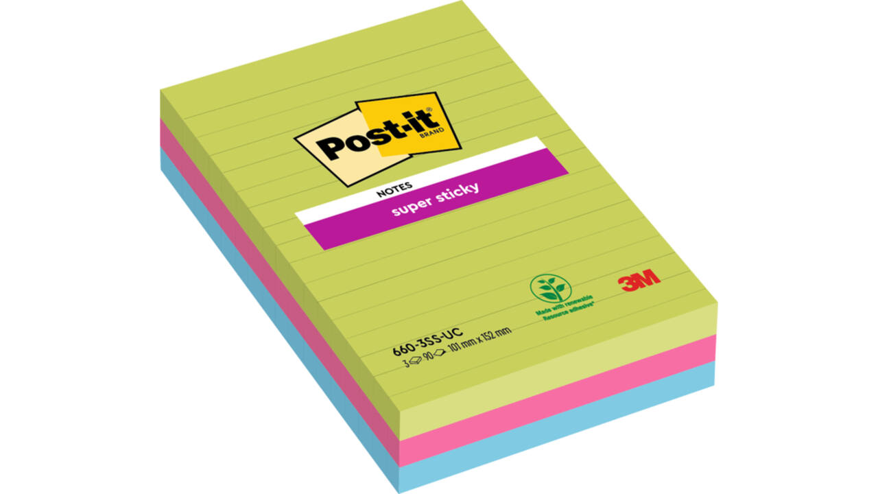 Memoblok Post-it 660 Super Sticky 102x152mm lijn rainbow 3 stuks