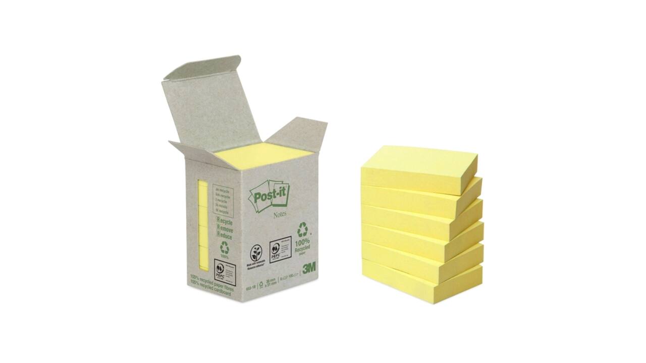 Memoblok Post-it 653-1B recycled 38x51mm canary yellow 6 stuks