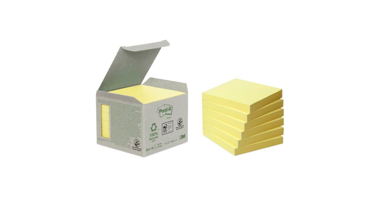Memoblok Post-it 654-1B 76x76mm recycled geel 6 stuks