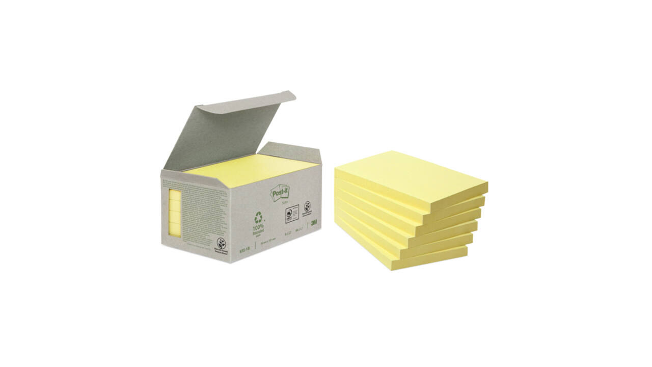 Memoblok Post-it 655-1B recycled 76x127mm canary yellow 6 stuks
