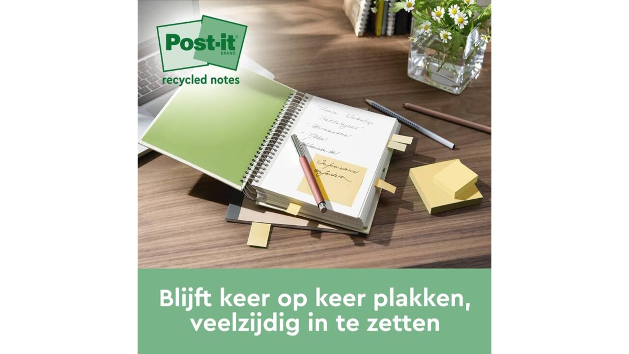 Memoblok Post-it 655-1B recycled 76x127mm canary yellow 6 stuks