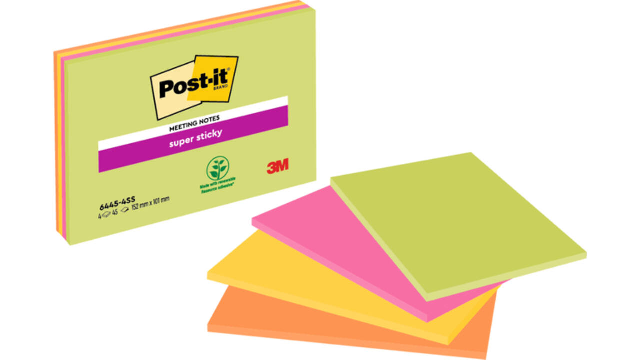 Memoblok Post-it 6445 Super Sticky 152x101mm assorti 4 stuks