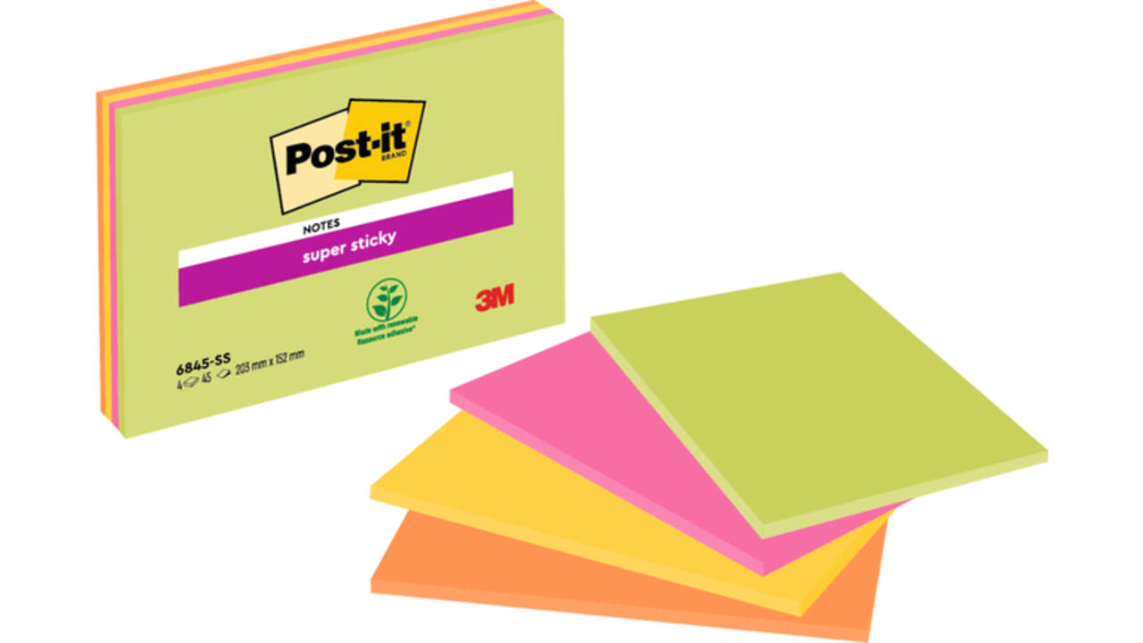 Memoblok Post-it 6845 Super Sticky 203x152mm assorti 4 stuks