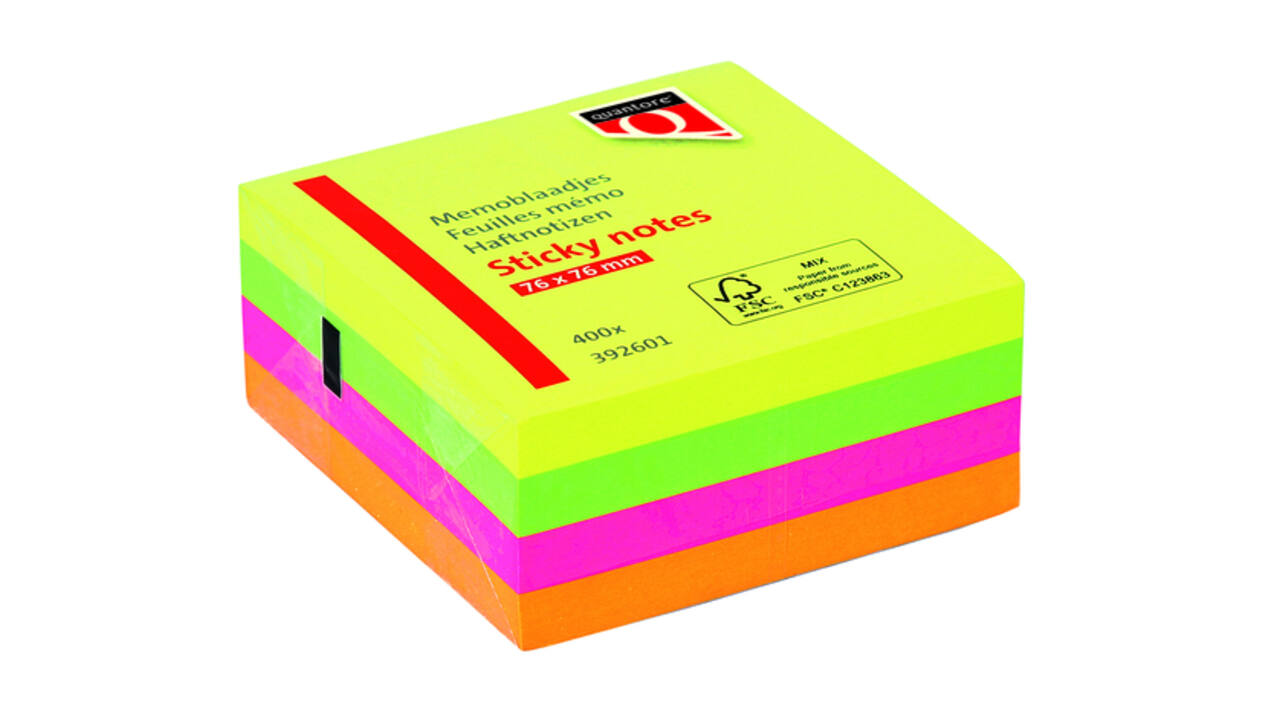 Memoblok Quantore 76x76mm neon kleuren assorti 4 kleuren 400 vel