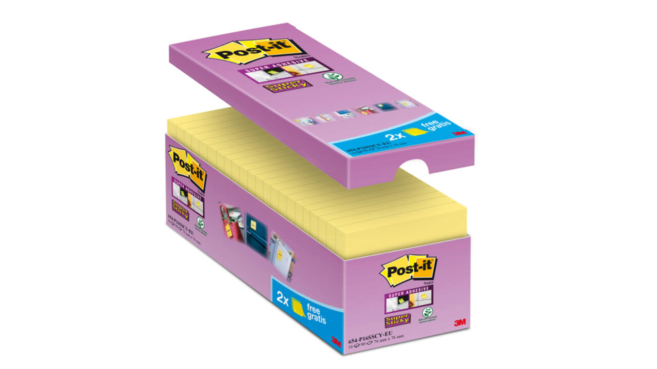 Memoblok Post-it 654 Super Sticky 76x76mm geel 14+2 gratis