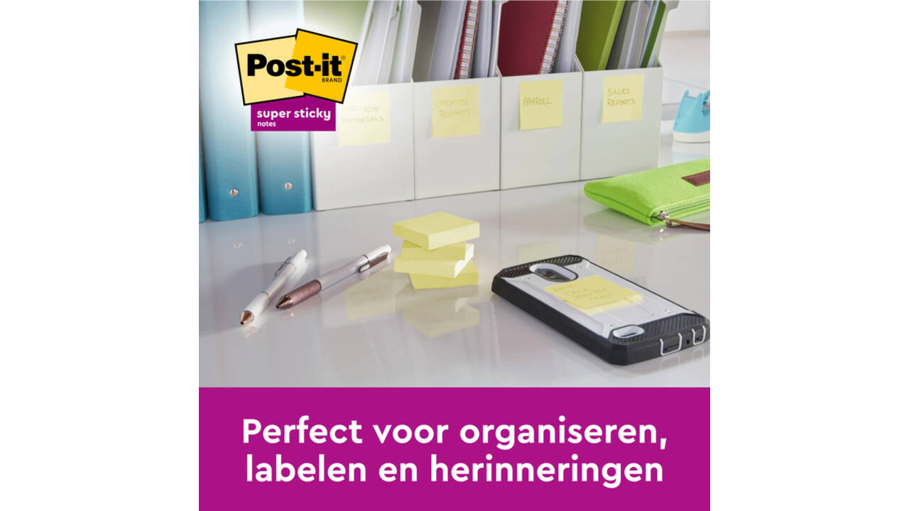 Memoblok Post-it 654 Super Sticky 76x76mm geel 14+2 gratis