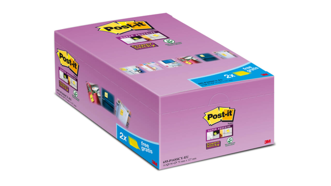 Memoblok Post-it 655 Super Sticky 76x127mm geel 14+2 gratis