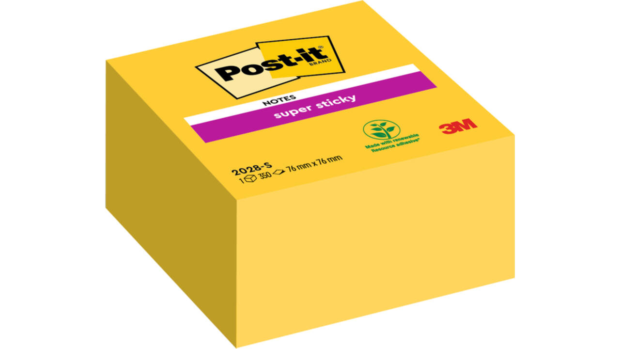 Memoblok Post-it 2028 Super Sticky 76x76mm kubus geel