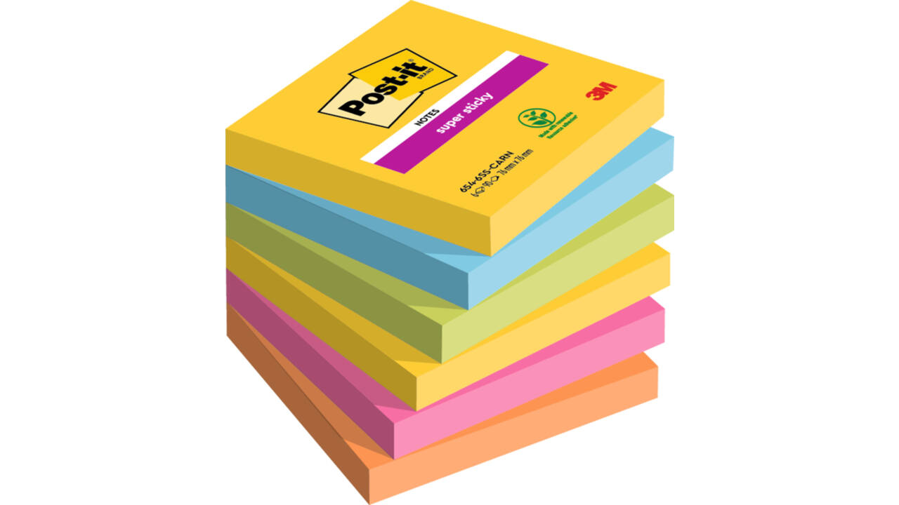 Memoblok Post-it 654 Super Sticky 76x76mm Carnival 6 stuks