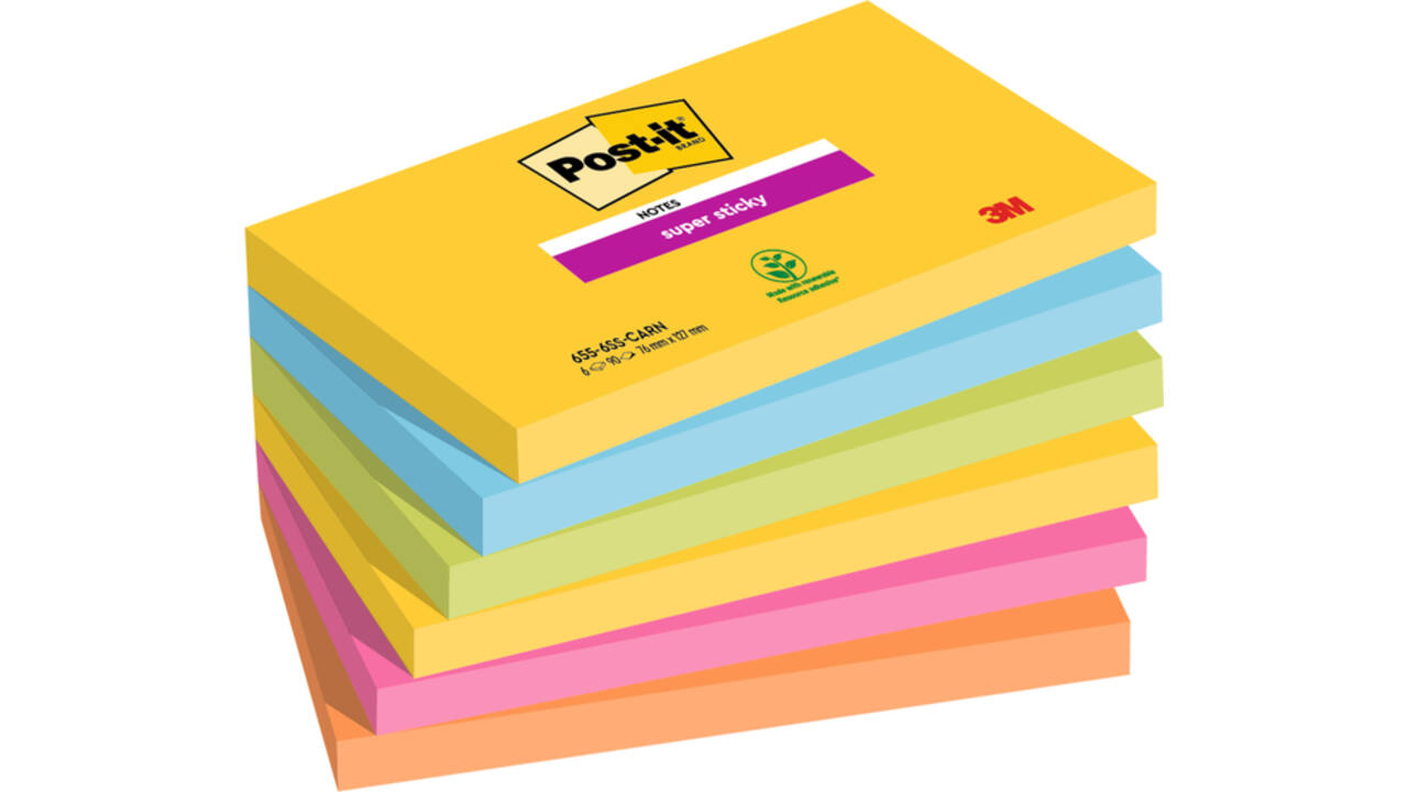 Memoblok Post-it 655 Super Sticky 76x127mm Carnival 6 stuks