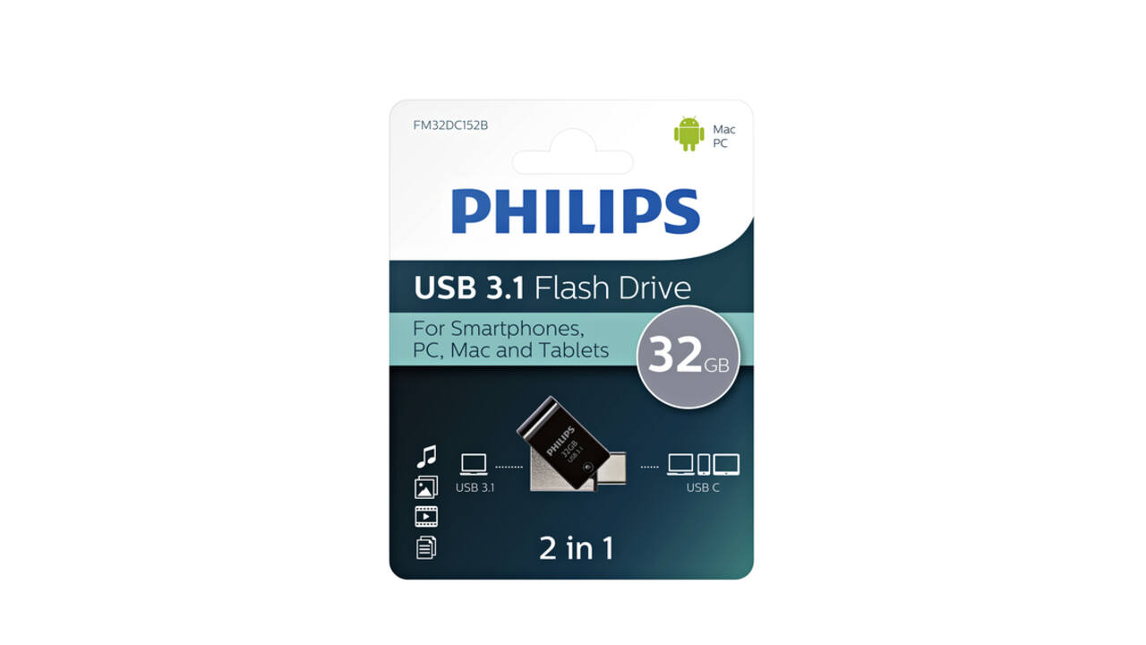 USB stick 3.1 Philips 2in1 USB-C USB-A 32GB zwart