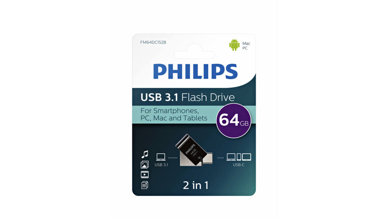 USB stick 3.1 Philips 2in1 USB-C USB-A 64GB zwart