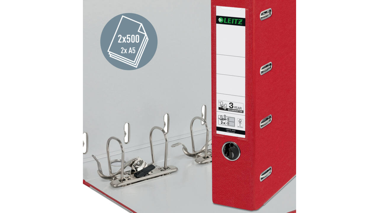 Giro-bank ordner Leitz A4 met dubbele mechaniek 80mm PP rood
