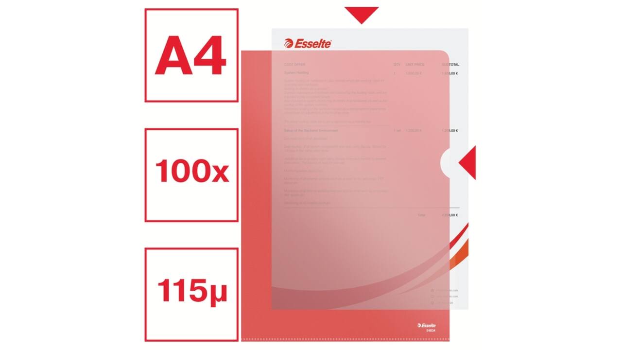 Insteekmap L-model Esselte standaard A4 0.11mm PP rood 100 stuks
