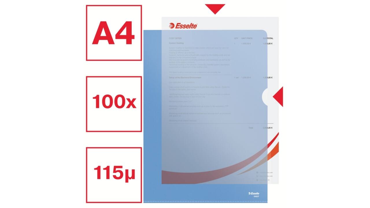 Insteekmap L-model Esselte standaard A4 0.11mm PP blauw 100 stuks