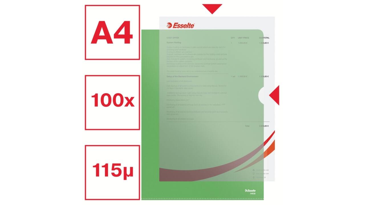 Insteekmap L-model Esselte standaard A4 0.11mm PP groen 100 stuks