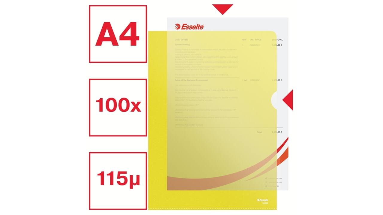 Insteekmap L-model Esselte standaard A4 0.11mm PP geel 100 stuks