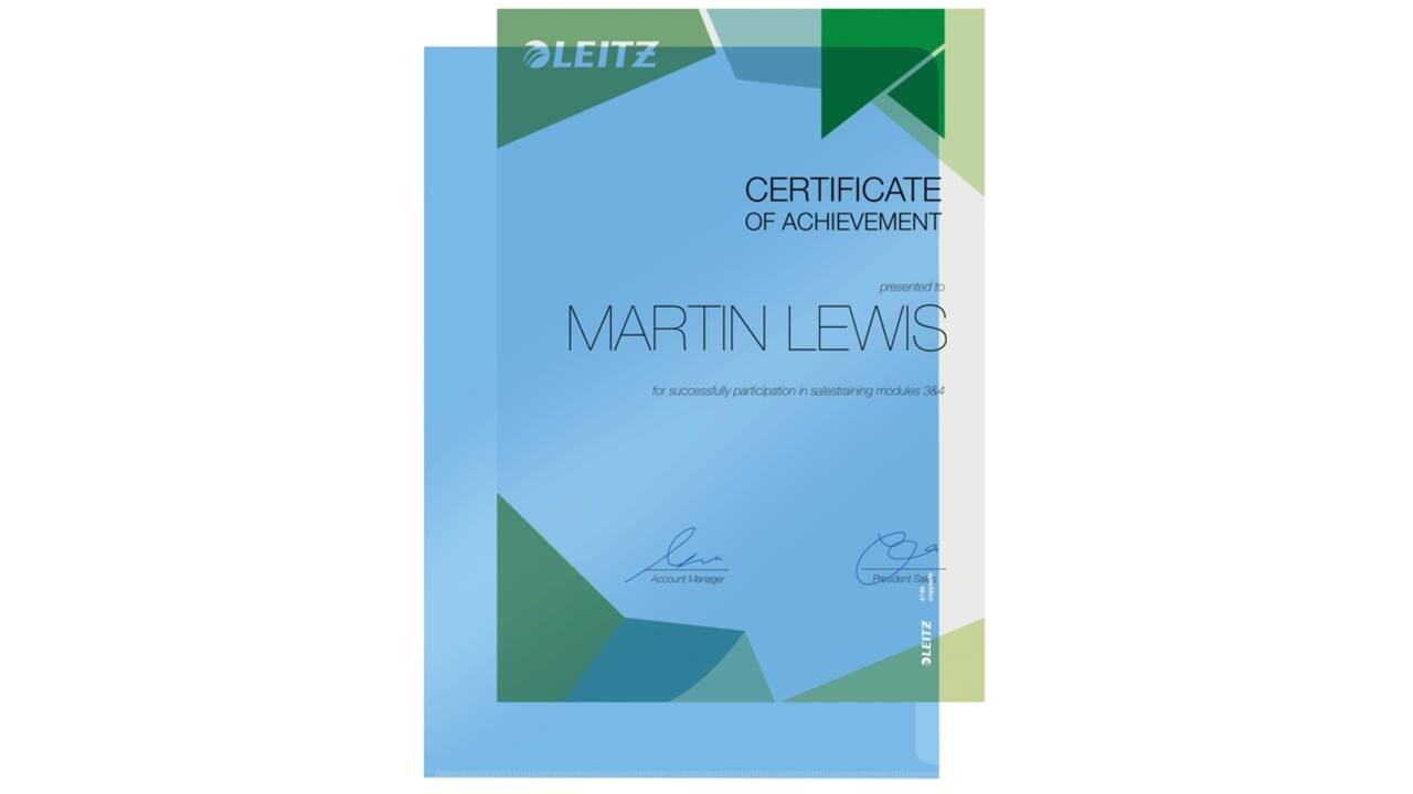 Insteekmap L-model Leitz Premium lasnaad copy safe 0.15mm PVC A4 blauw 100 stuks
